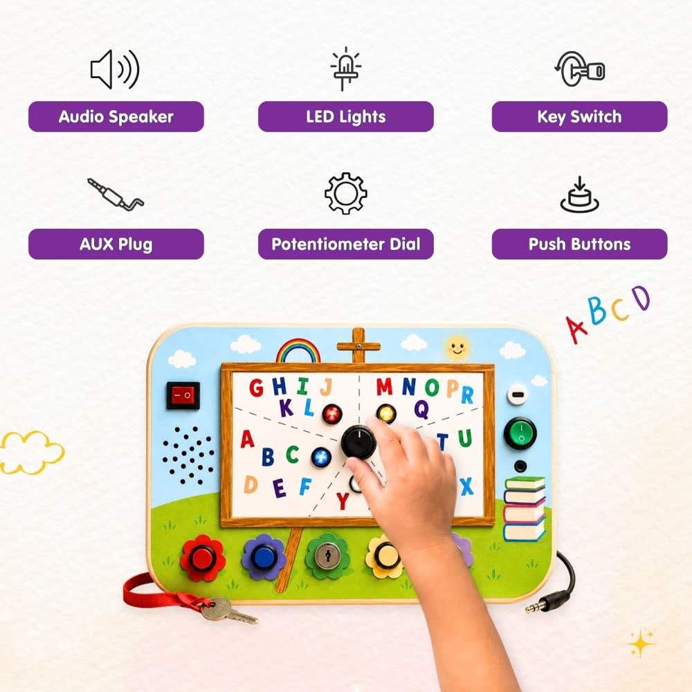 Built to teach reading — speaker, LED letters, dial, buttons